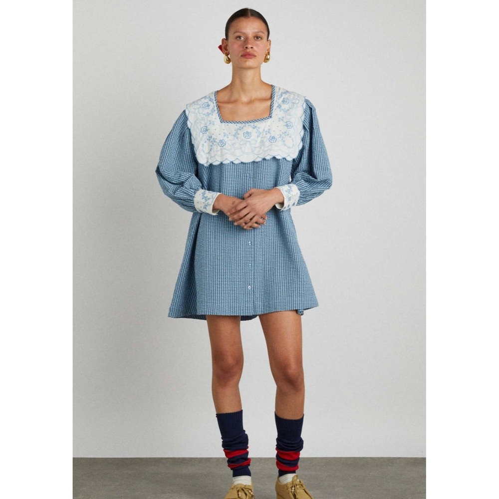 Blue Gingham Mini Dress with Embroidered Bib Collar